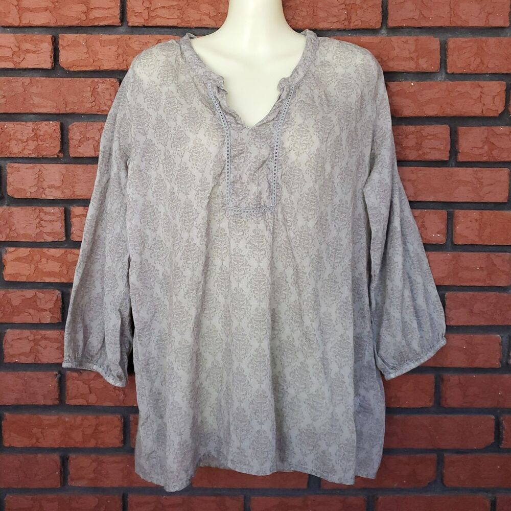 World Market Peasant Blouse Womens L/XL Gray Popover Boho Hippie 100% Cotton